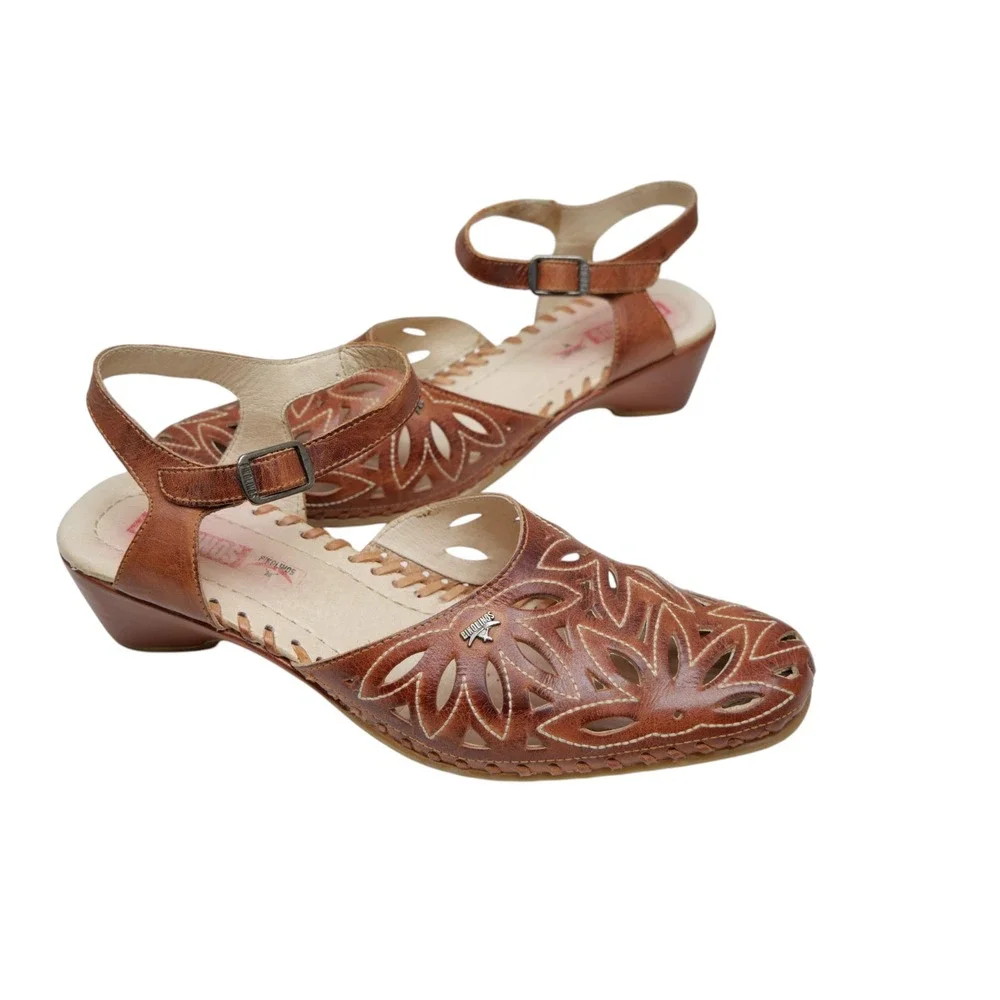 Pikolinos Sandals Womens 40/9 Brown Leather Cutout Wedge Ankle Strap